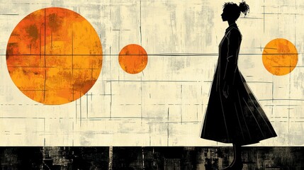 Poster - Silhouette of a woman against abstract orange circles.