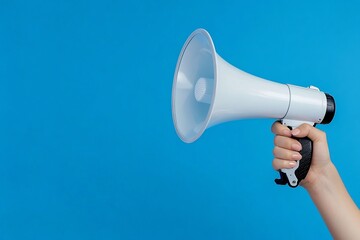 A hand holding a megaphone against a blue background.