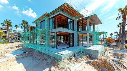 Poster - Modern construction site with framing and glass walls.