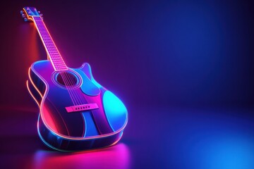 Poster - Creative neon 3D guitar design glowing in vibrant colors with a modern aesthetic on a dark background. Generative AI