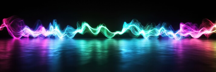 Aufkleber - 3D neon glow light waves pulsating in vibrant colors across a reflective dark surface. Generative AI