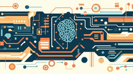 Poster - An abstract illustration of a brain surrounded by digital circuitry and vibrant geometric shapes.