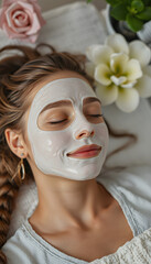 Girl with facial mask lying in beauty health spa center, collage style, with white tones