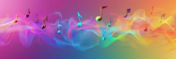 Poster - Colorful 3D music notes floating on vibrant waves of sound in a visually striking design. Generative AI