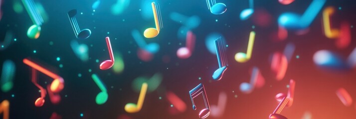 Poster - Colorful 3D music notes floating against a vibrant background in a lively musical environment. Generative AI