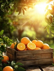 Wall Mural - Wooden box with oranges on table