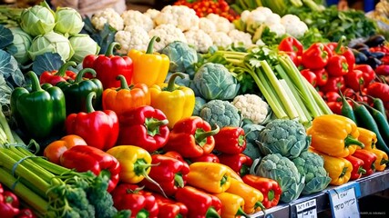 Wall Mural - fresh vegetables bell pepper, broccoli, cabbage, cauliflower, celery at the market Israel, sunny day

