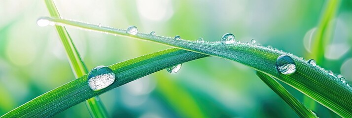 Poster - Morning Dew Drops Glimmer on Vibrant Green Leaves Under Soft Sunlight
