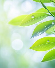 Poster - Morning Dew Glistens on Vibrant Green Leaves in a Serene, Tranquil Setting