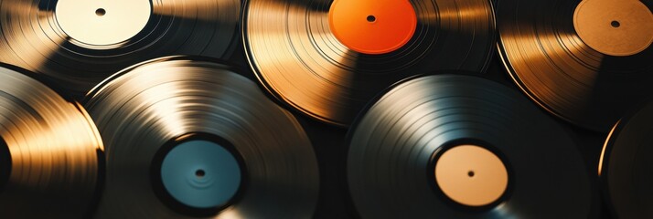 Aufkleber - Vintage vinyl records arranged artistically with ample copy space for text and design elements in soft lighting. Generative AI