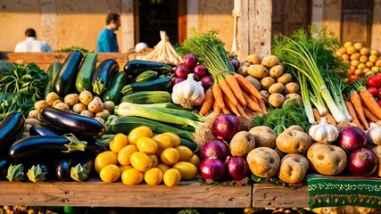 Wall Mural - fresh vegetables eggplants, zucchini, potatoes, carrots, onions at the market Israel, sunny day