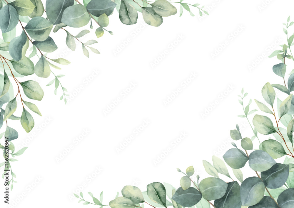 Watercolor vector frame corner border with green eucalyptus leaves and ...