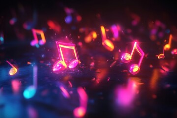 Aufkleber - Vibrant 3D music notes create an enchanting visual atmosphere with colorful reflections and glowing effects. Generative AI