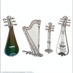 Poster - Elegant Line Drawings of Folk Celtic Musical Instruments Capturing the Essence of Victorian Artistry