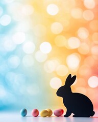 Poster - Bunny Silhouette Cutout Against a Vibrant Pastel Backdrop With Colorful Easter Eggs in Focus
