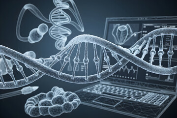 Leinwandbilder - Dna structure rotating in laboratory setting with laptop showing analysis