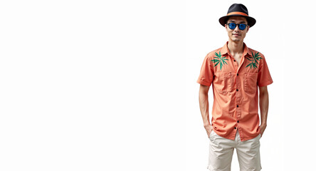 Wall Mural - Mature man in coral shirt and sun hat posing isolated on white background with copy space. Ideal for retirement lifestyle magazines, travel agencies and tourism ads