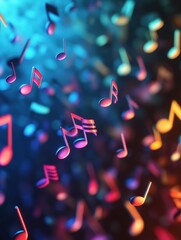 Aufkleber - Colorful 3D music notes floating through vibrant blue and purple light in a dynamic visual composition celebrating creativity. Generative AI