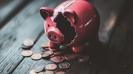 Wall Mural - Shattered Piggy Bank on Wooden Table with Coins Spilled, Depicting Financial Struggles and the Urgency for Smart Money Management Strategies