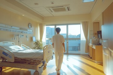 Poster - Nurse walking in modern private hospital room with bed and medical equipment