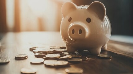 Wall Mural - Shattered Piggy Bank on Wooden Table with Coins Spilled, Depicting Financial Struggles and the Urgency for Smart Money Management Strategies