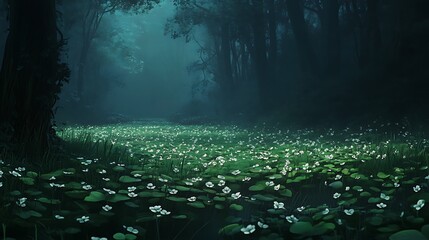 Canvas Print - Mystical dark forest with white flowers and fog.