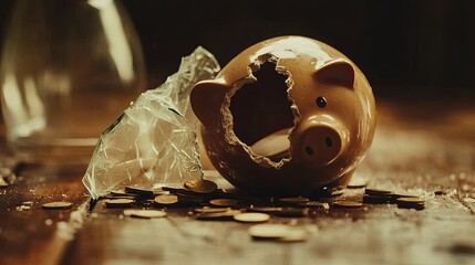 Wall Mural - Shattered Piggy Bank on Wooden Table with Coins Spilled, Depicting Financial Struggles and the Urgency for Smart Money Management Strategies