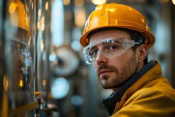 Poster - Industrial engineer wearing protective glasses and hardhat working in a factory