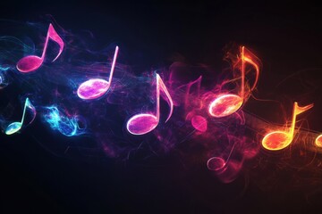Poster - Colorful 3D music notes dancing in vibrant light on a dark background during a creative artistic display. Generative AI