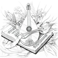 Poster - Beautifully Detailed Musical Instruments Resting on an Open Book Amid Soft Floral Arrangements
