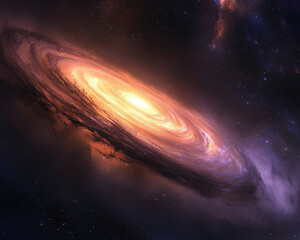 Wall Mural - A large orange and yellow spiral galaxy with a purple cloud in the background