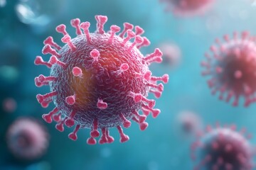 Poster - Microscopic view of coronavirus cells floating in a blue liquid