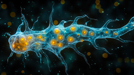 Aufkleber - Intricate Neural Cell Closeup Highlighting Yellow Outlines Against Dark Background for Scientific Research and Education