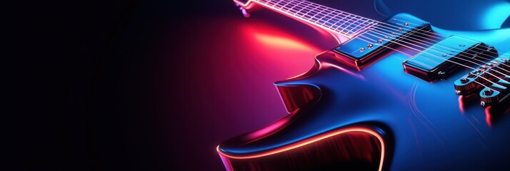Poster - Stunning 3D guitar illuminated with vibrant colors in a dark setting during an evening music session. Generative AI
