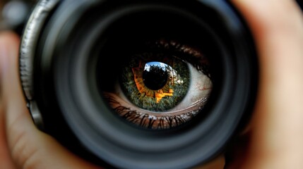 Close-up of eye reflected in camera lens.