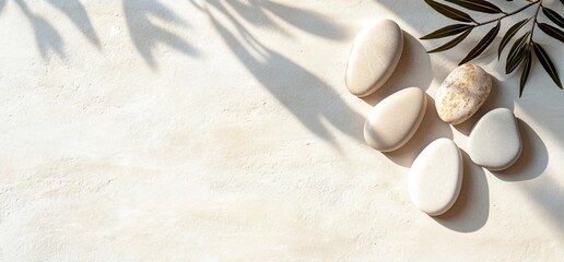 Poster - Smooth stones arranged on a light surface with olive leaves.