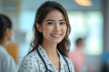 Poster - Young female doctor smiling with stethoscope in hospital setting