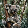 A koala hugging a tree branch against a muted green background.