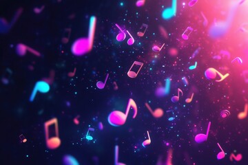 Poster - Colorful 3D music notes floating in vibrant space with glowing lights and particles reflecting a lively atmosphere. Generative AI