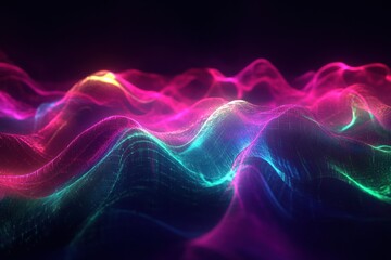 Aufkleber - Pulsating neon light waves creating a mesmerizing 3D visual experience in a dark setting. Generative AI