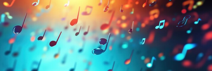Poster - Colorful 3D music notes floating in vibrant background depicting joy and creativity. Generative AI