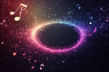 Poster - Galaxy of stars forming a vibrant sound wave spiral accompanied by musical notes in a cosmic display of color. Generative AI