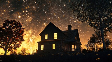 Wall Mural - Night scene of a house under a starry sky.