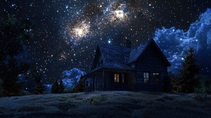 Wall Mural - Night sky over a rustic wooden house.