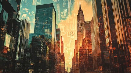 Poster - NYC cityscape at sunset with financial overlay.