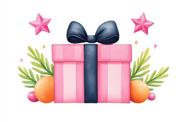 Colorful gift box with black bow, surrounded by stars and fruits, evokes joy and celebration