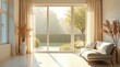 © DeeDay - Serene Sunlight Illuminates a Minimalist Living Space with Neutral Tones and Natural Elements, Offering a Tranquil View of a Lush Garden Through Expansive Windows