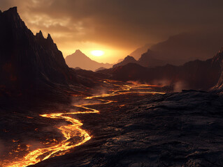 Wall Mural - a lava flow runs through a rocky, barren landscape