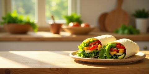 Wall Mural - Sunlight illuminates two delicious vegetable wraps resting on a wooden plate, situated on a kitchen counter