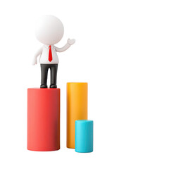 Poster - A small figurine with a white head and red tie stands on colorful cylindrical shapes, gesturing with one hand.